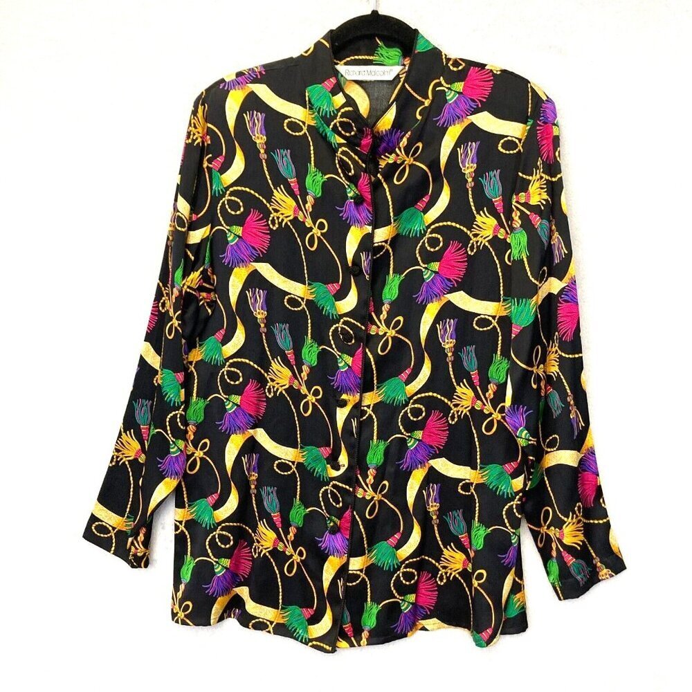 Vintage Richard Malcolm 100% Silk Blouse Sz 8 Asian Mandarin Collar Top Colorful